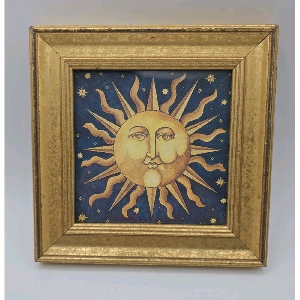 Vintage Celestial Sun Mary Beth Zeitz Y2K 1990s Framed Print Wall Art Gold Tone